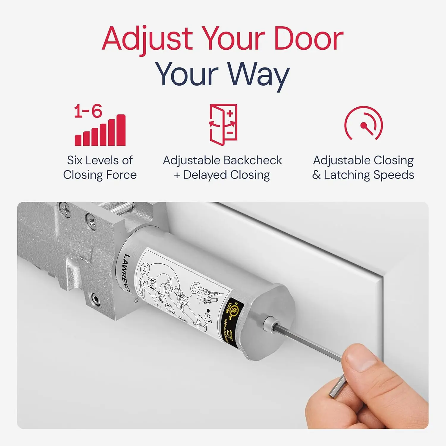 Commercial Grade Lawrence Door Closer - Heavy Duty, 6-Speed Adjustable, Delayed Action with 3 Pistons Flexibility