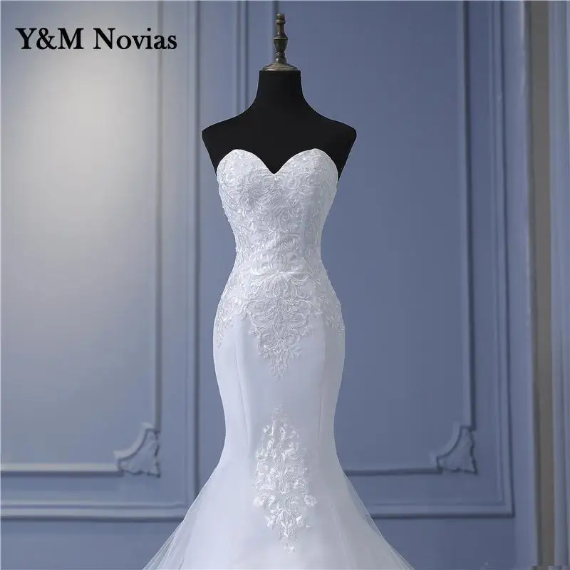 Y&M New Arabic Aso Ebi Vintage Lace Beaded Sequined Wedding Dresses Strapless Mermaid Bridal Dress Sexy Customized Wedding Gowns 5