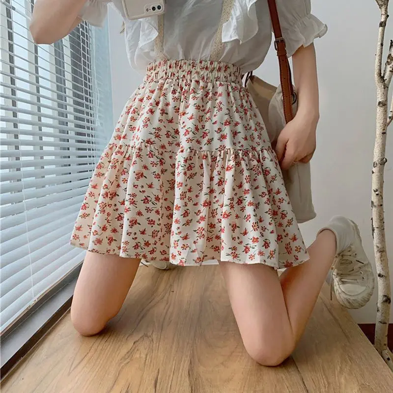 Fashion Floral A-line Skirt Summer New Elastic Waist Printing Loose All-match Mini Dress Korean Casual Women Clothing