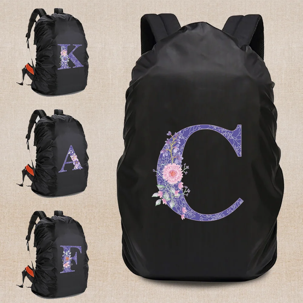 Travel Backpack Rain Cover Waterproof Purple Flower Letter Pattern 20L-70L Outdoor Camping Hiking Portable Foldable Protect Case