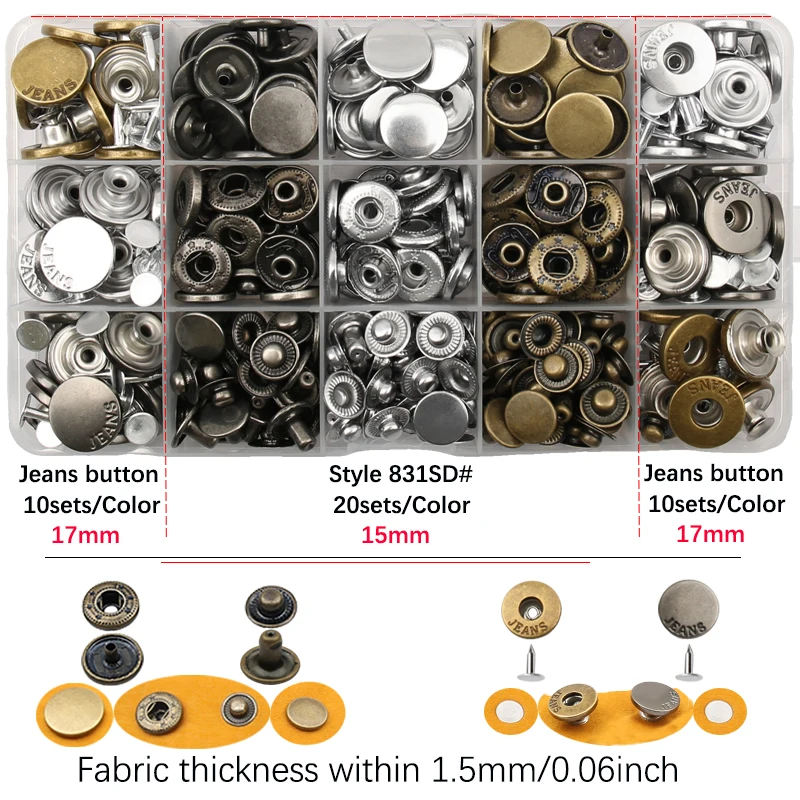 40-130세트 17mm 청바지 단추, 플라이어 포함, 바느질 없이 허리 사이즈 조절 가능한 청바지 코트용 단추, 바느질 액세서리