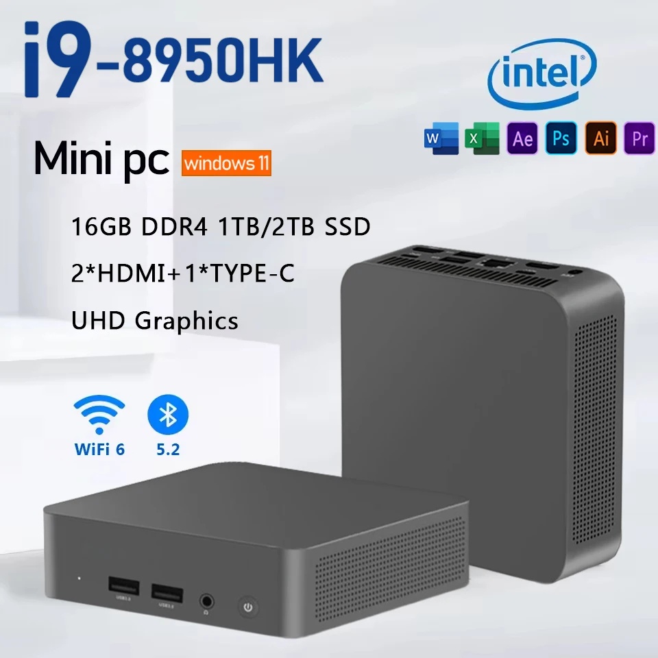 게이밍 컴퓨터 미니 PC, 인텔 코어 i9 8950HK 셀러론 윈도우 11 데스크탑 PC, 16GB LPDDR4, 1TB, 2TB, M.2 SSD, 와이파이 6 1000Mbps