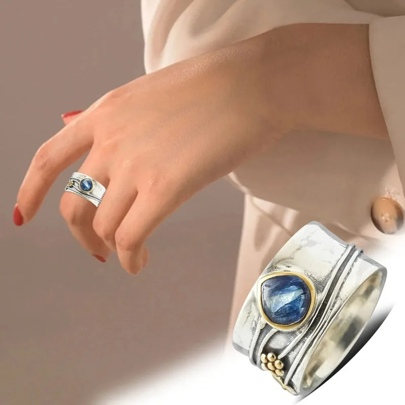 New Fashion Women Water Drop Crystal Inlaid Wide Face Ring Female Vintage Bohemian Carved Flower Leaves Ring Кольцо С Эмалью