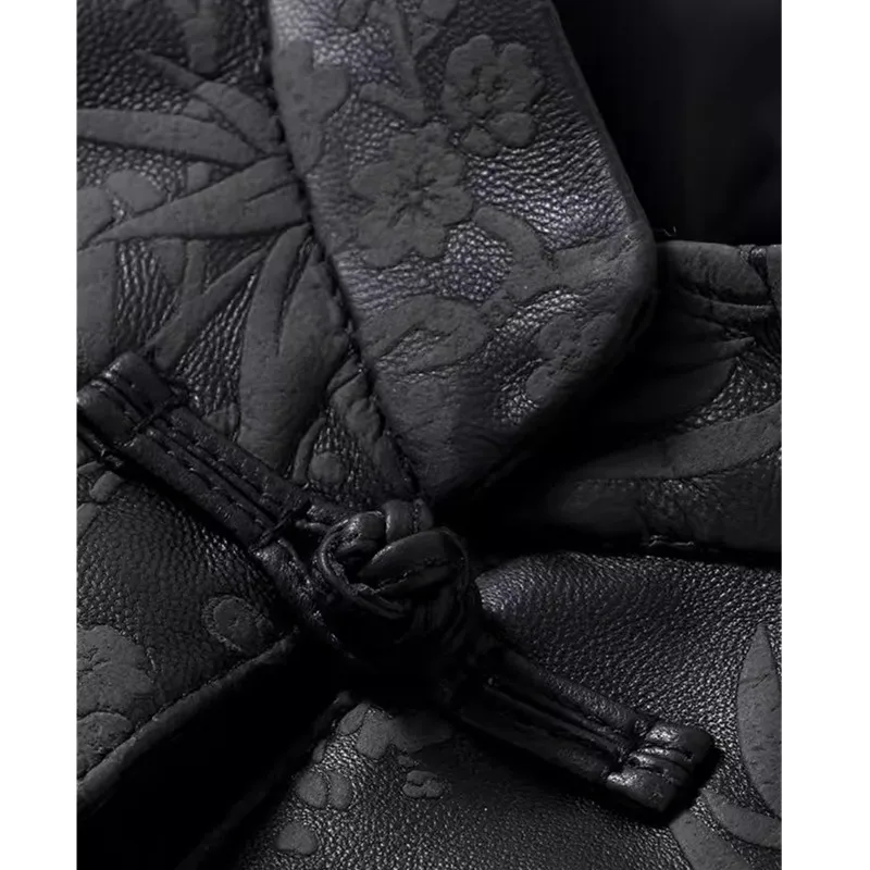 Leather  Waistcoat Women's Standing Collar Sheep Vest Cheongsam Collar Chinese Style Disc Buckle Vintage Printed Sheepskin Vest