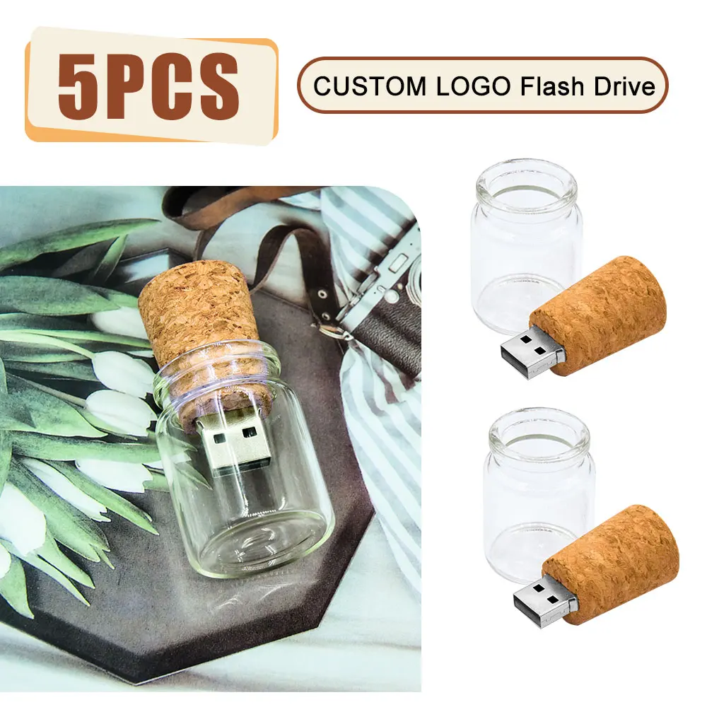 

5pcs Glass Drift Bottle With Cork USB Flash Drive Transparent Pendrive 8GB 16GB 32GB 64GB 128GB Fashion Current Gift Pen Drive