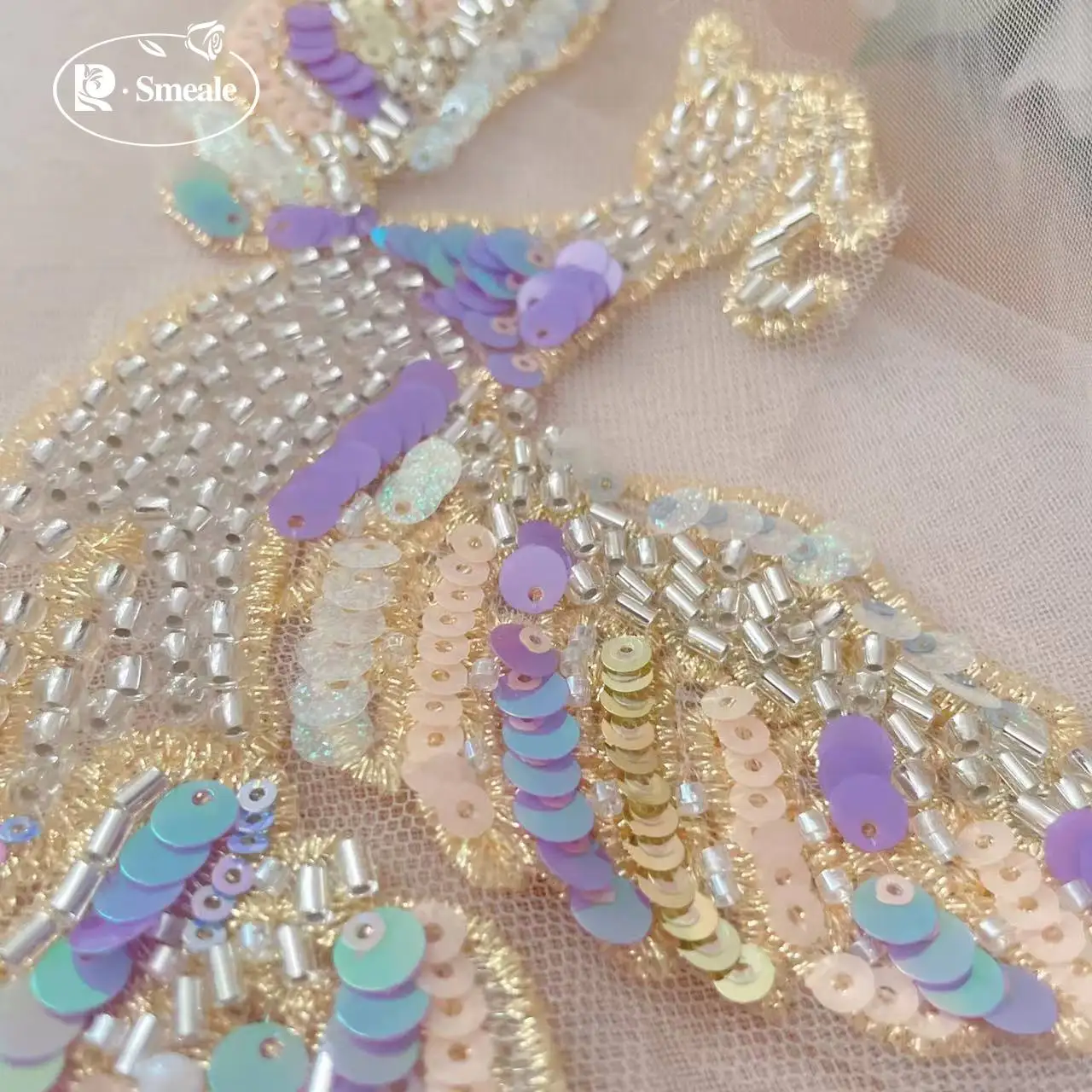40*18CM.Beaded Sequins Mirror Phoenix 다채로운 보라색 아동 의류 장식, DIY 재봉 액세서리. 수제 보석