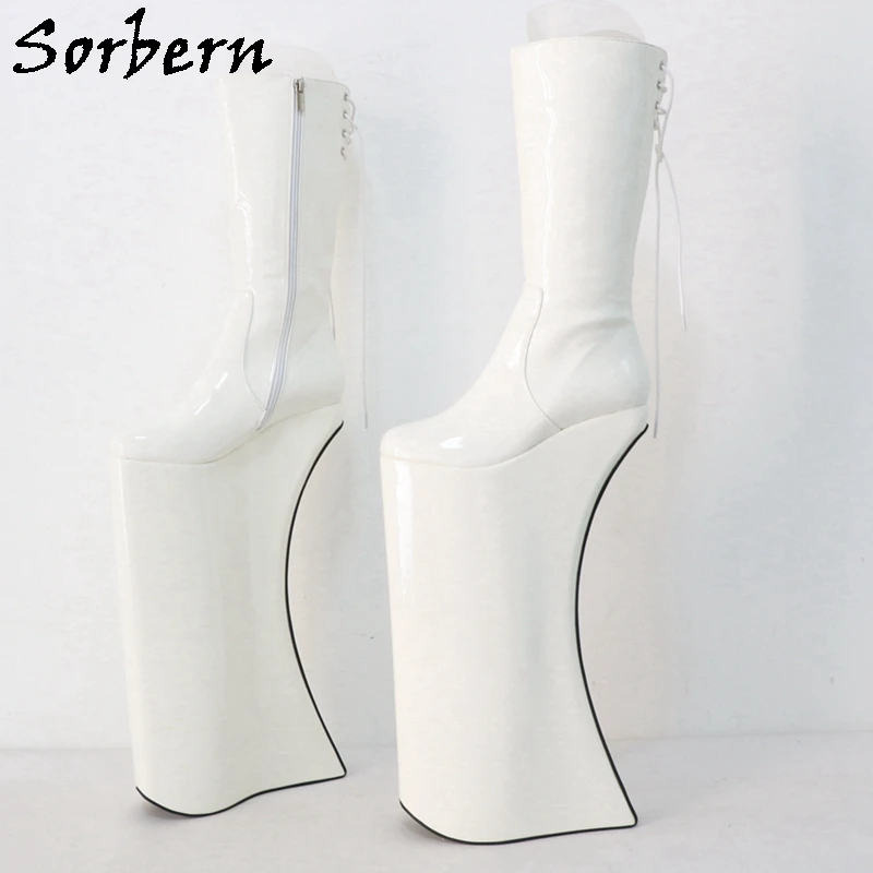 Sorbern Stivale Personalizzato Da 40Cm Unisex Drag Queen Shoes Moon Wedge Tacchi Alti A Metà Polpaccio Lace Up Back Fetish Platform Boots Zip Up