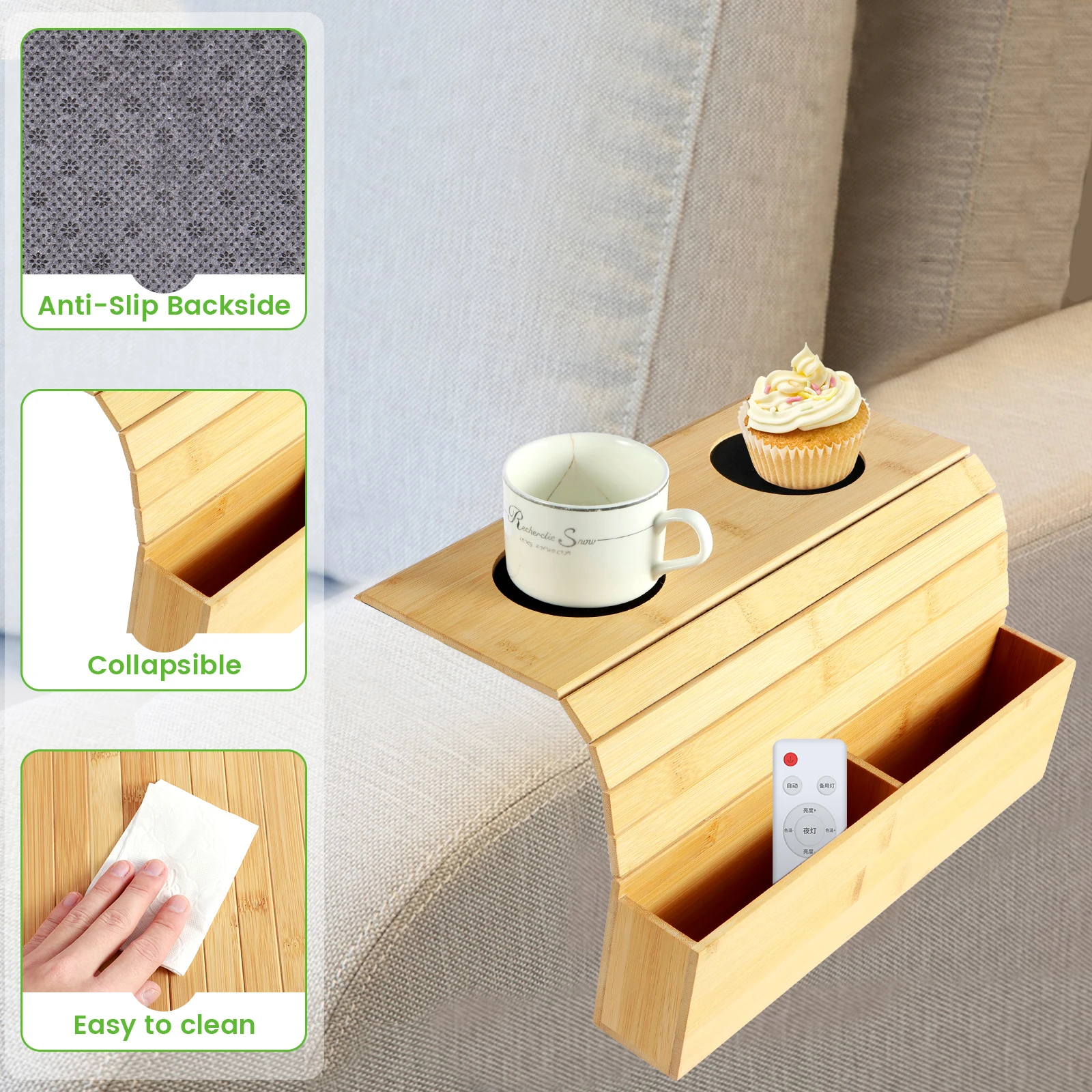 Sofa Arm Tray Bamboo Couch Arm Tray with Basket Foldable Nonslip Splash Proof Sofa Organizer Tray Sofa Arm Table for Drink Snack 4