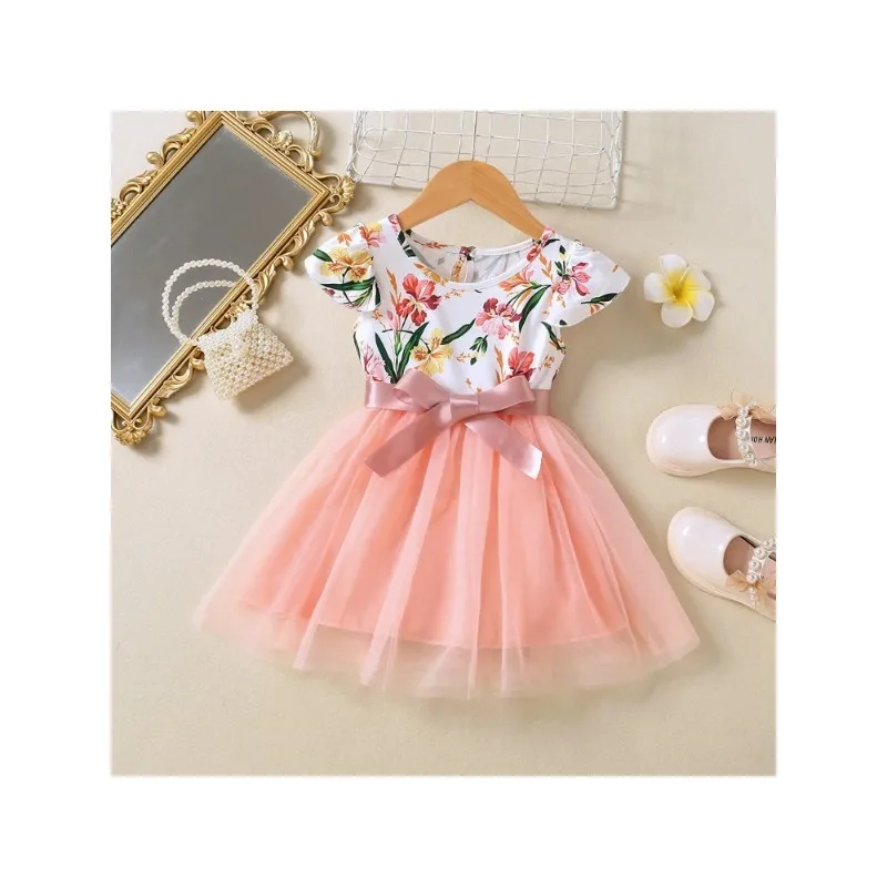 

Adorable Printed Mesh Patchwork Short Sleeve Dress for Toddler Girls Kids Clothes Girl Dress Toddler Girl Clothes