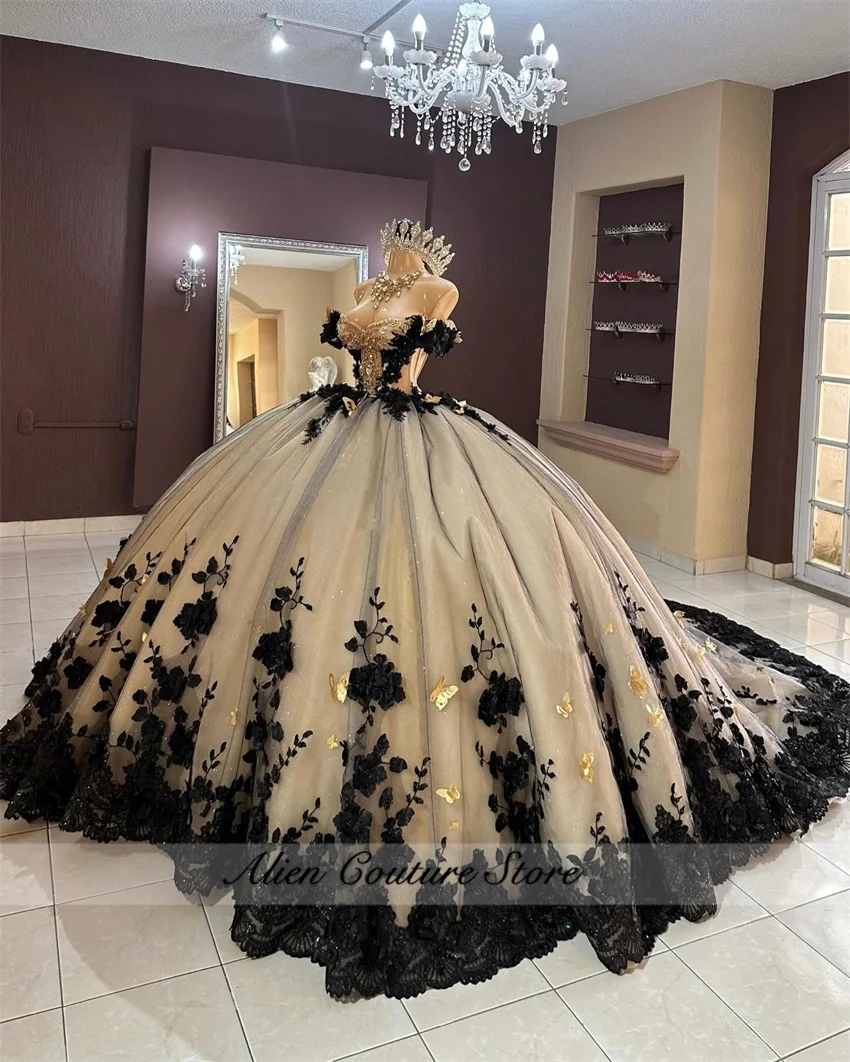 Luxury Black Quinceanera Dresses Beads Crystals 3D Appliques Butterfly Ball Gown Birthday Gown Vestidos De 15 A&ntilde;os Customized