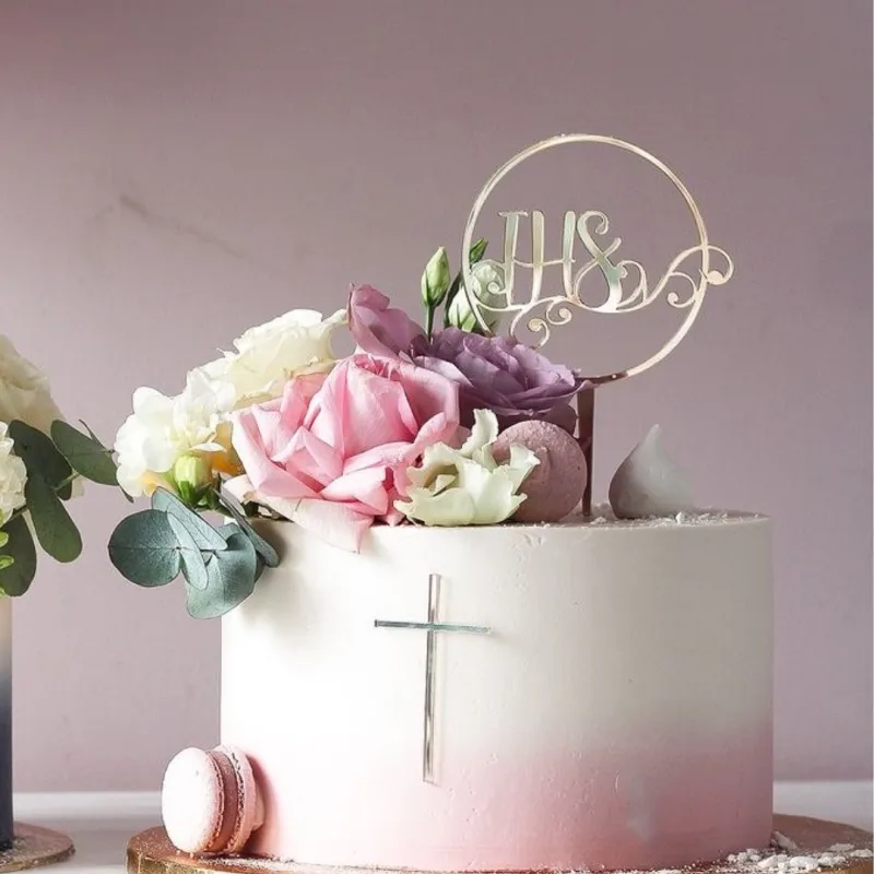 Elegant Gold Acrylic Dove Cross Cake Topper for Religious Celebrations