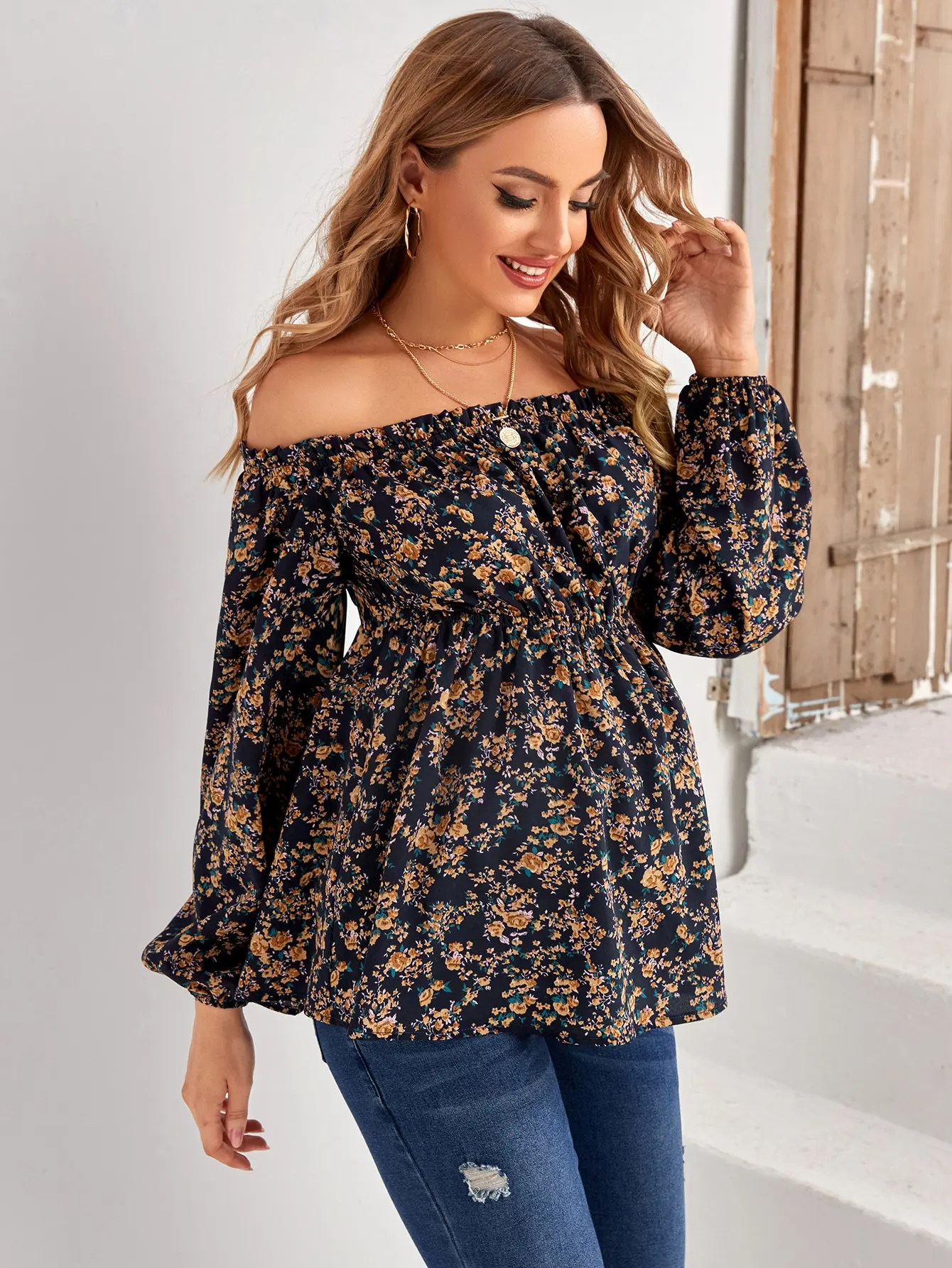 Women's Maternity Flowers Print Off Shoulder Long Sleeve Shirt Waist Top Pregnant Women's Clothing maternity breastfeeding blouse