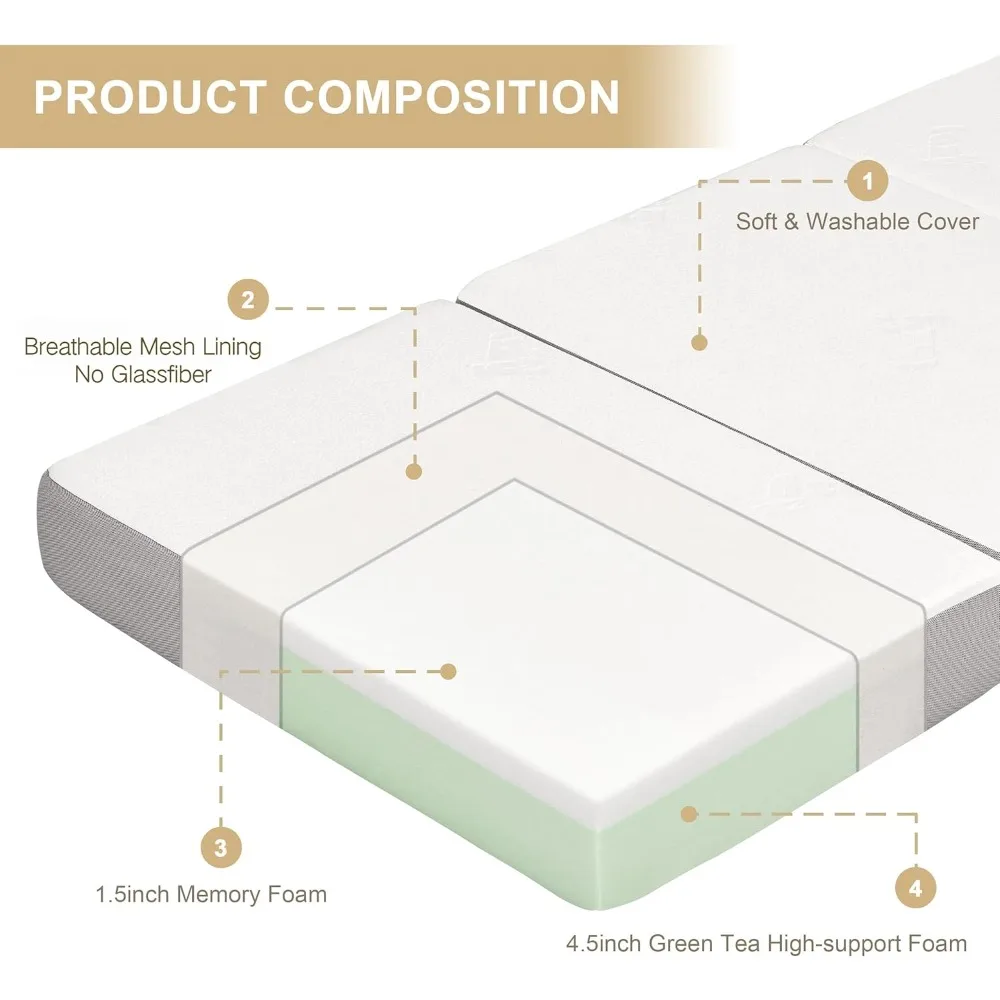 Folding Mattress Memory Foam Tri-fold Mattress with Breathable Washable Bamboo Fiber Fabric Cover Foldable Floor Bed