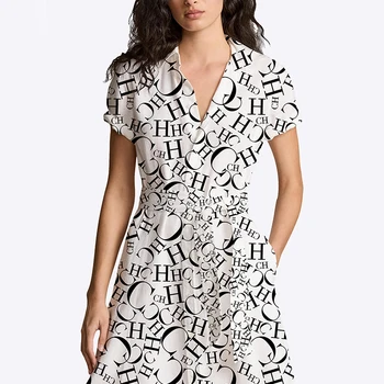 New Women Dress Summer Commuter Versatile High End Female Elegant Dress Letter Thin Band Design Office Ladies Classic Dresses 