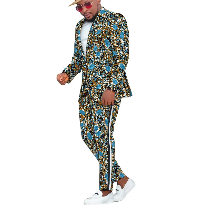 

Modern Design Style Men's Suit African Print Blazers+White Stripe Patchwork Trousers Nigerian Fashion Patterns