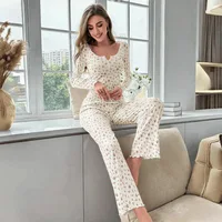 Sleepwear Women Floral Print Lettuce Trim Top with Long Pant Lovely Loungewear Full Sleeve Nightwear Spring Autumn Pajamas Set - Image 2