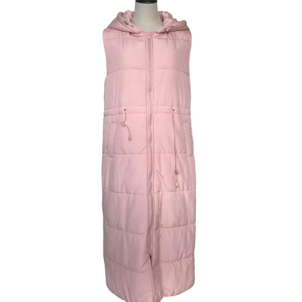 Autumn Winter Women Down Vest Long Zipper Hooded Pockets Sleeveless Coldproof Down Coat Jacket for Outdoor