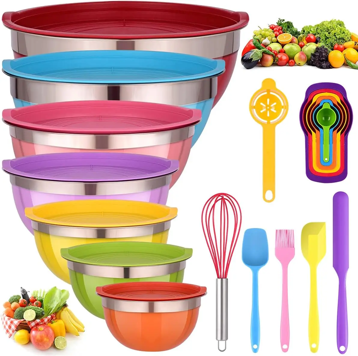 

Bowls with Lids for Kitchen - 26 PCS Stainless Steel Nesting Colorful Mixing Bowls Set for Baking,Mixing,Serving & Prepping, Cut