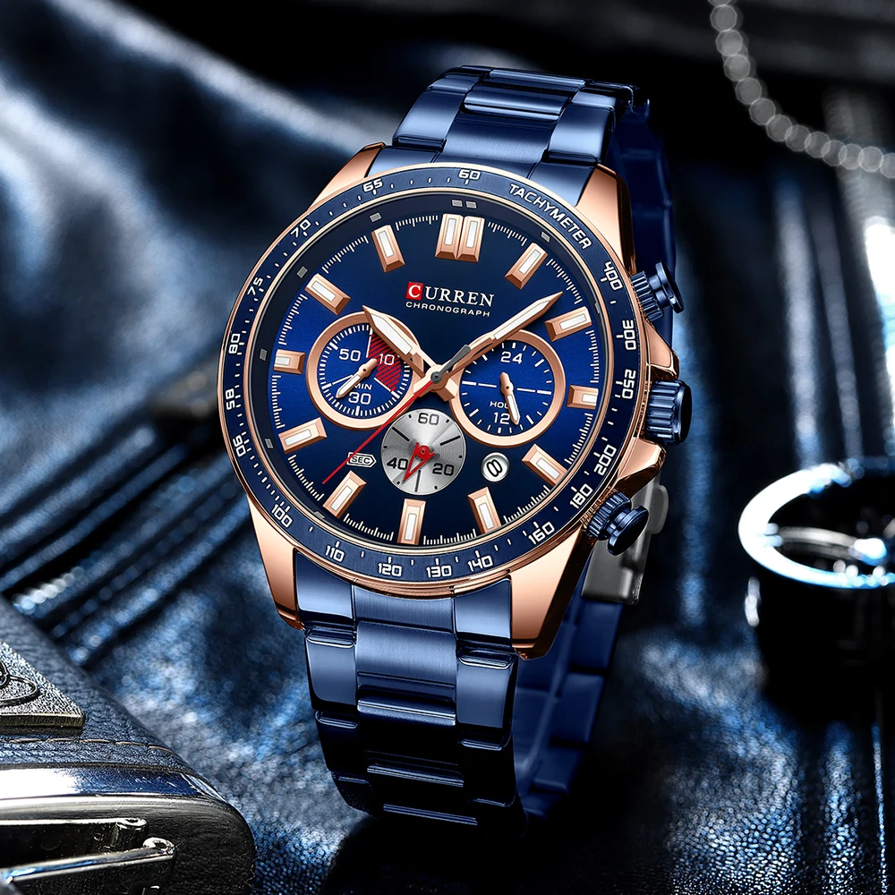 CURREN  New Stainless Steel Quartz Wristwatches for Men Sports Chronograph Watches with Luminous Hands 5