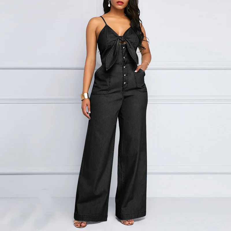 2023 Summer Women Denim Jumpsuit Fashion High Waist Wide Leg Long Pants Romper Front Tie Knotted Jeans V-neck Overalls Playsuits