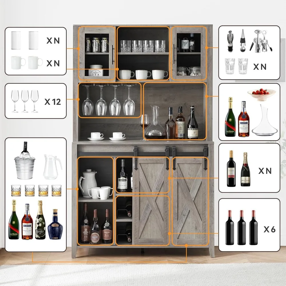 Farmhouse Coffee Bar Cabinet with Sliding Barn Door, 70" Tall Buffet Cabinet with Storage Shelves, Liquor Wine