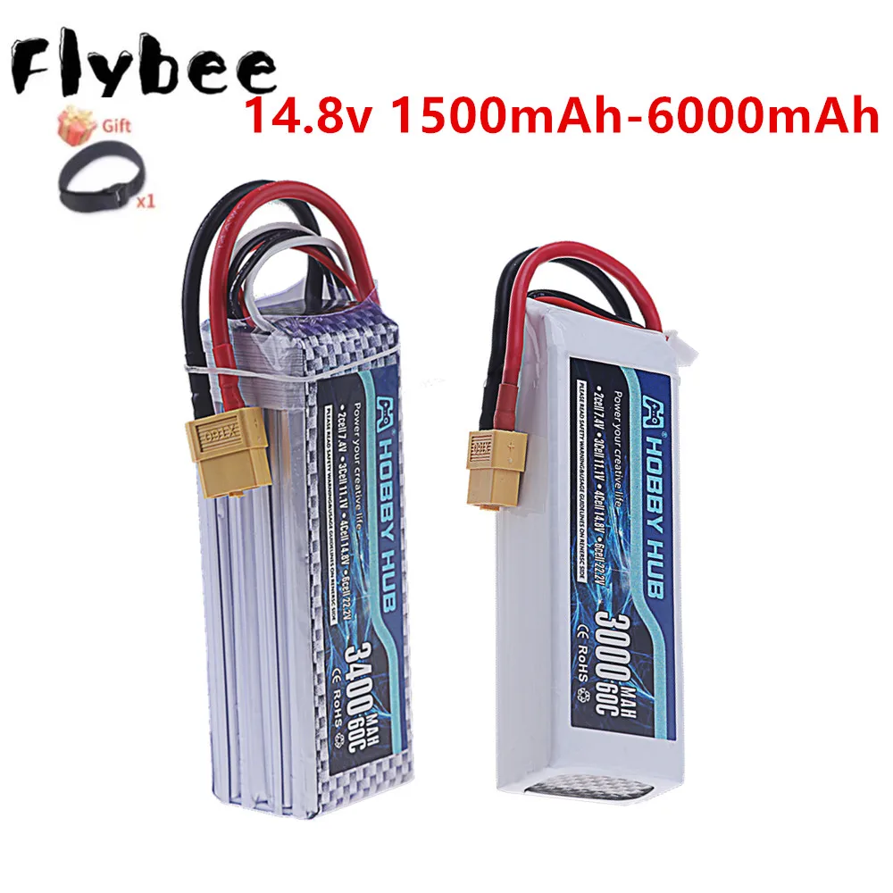 Batterie LiPo 4S 14.8V 1500-6000mAh pour drone RC, connecteurs XT60 et fils de puissance visibles
