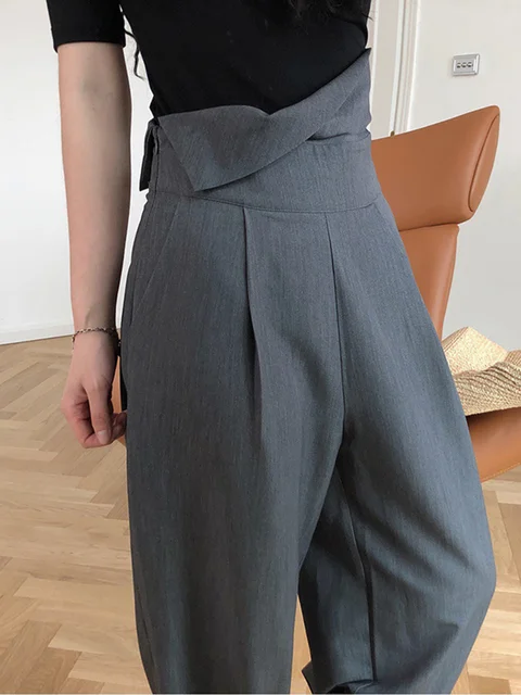 eam] High Waist Gray Pleated Long Wide Leg Casual Trousers New Loose Fit  Pants Women Fashion Tide Spring Autumn 2022 1de0926 - Pants & Capris -  AliExpress