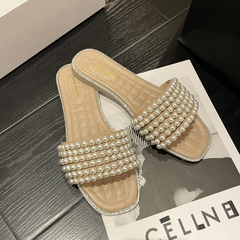 Pearl Rhinestone Flat Bottomed Slippers Women Summer Shoes Casual Indoor Slipper Square Toe Black Women's Flip-flops Slides