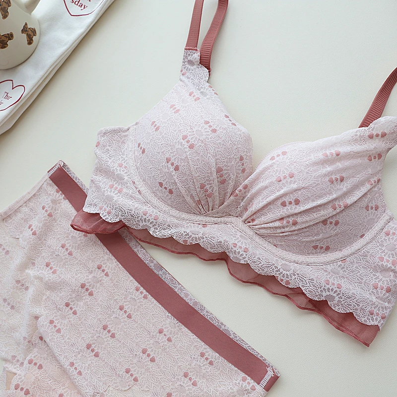 Raspberry little bralette soft underwear female lace no steel ring small chest thick cup gather bra briefs set