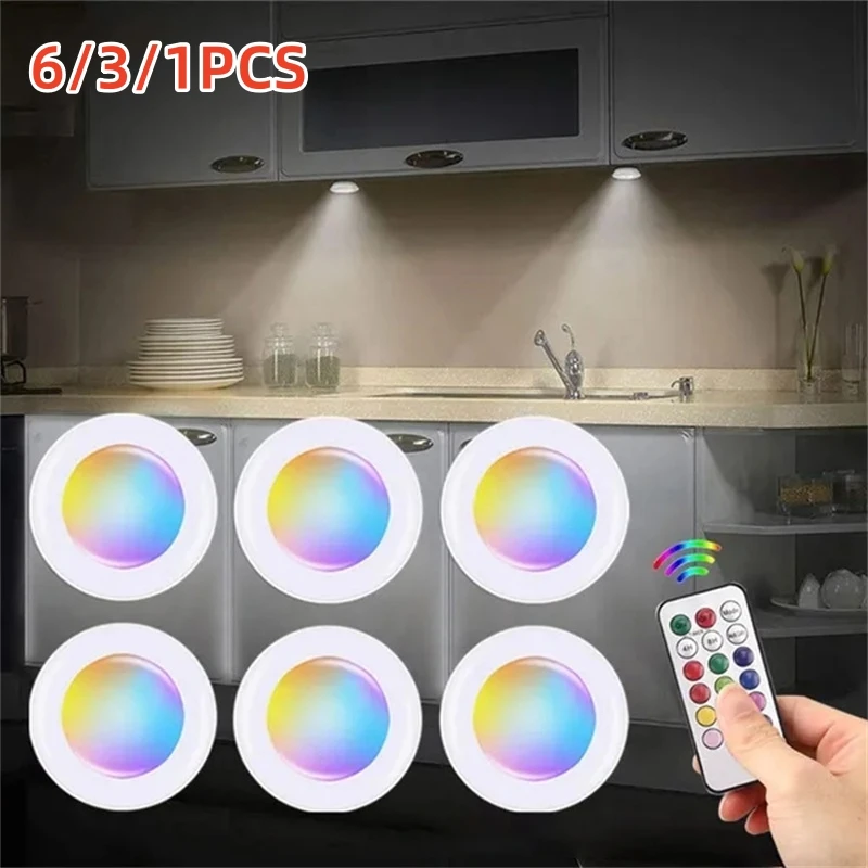 

LED Light Under Cabinet Lighting with Remote Control RGB Color Changing LED Puck Light Kitchen Closet Light For Wardrobe Home
