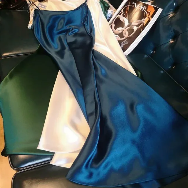 QNPQYX-vestido Sexy con tirantes finos y espalda descubierta para mujer, vestido largo elegante de seda satinada con cuello en V, vestidos coreanos ceñidos para fiesta nocturna 4