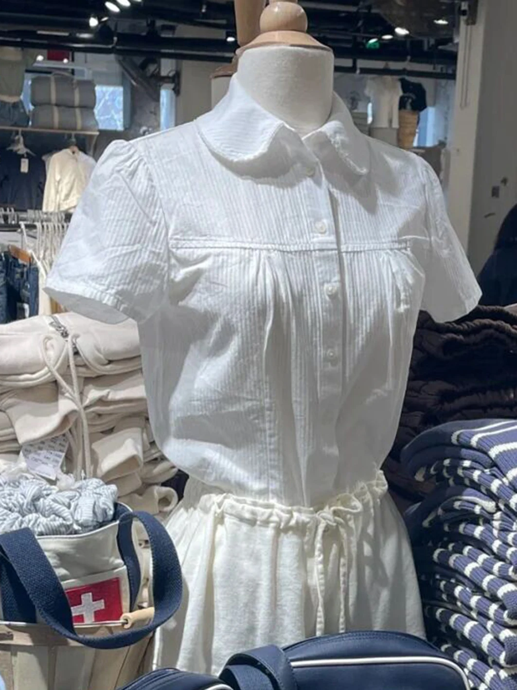 White Stripes Peter Pan Collar Blouse - Women's Summer Short Sleeve Cotton Top