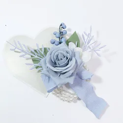 Elegant Dark Blue Boutonnieres with Artificial Flowers - Handmade Wedding Corsage Accessories (Light Blue Corsage)