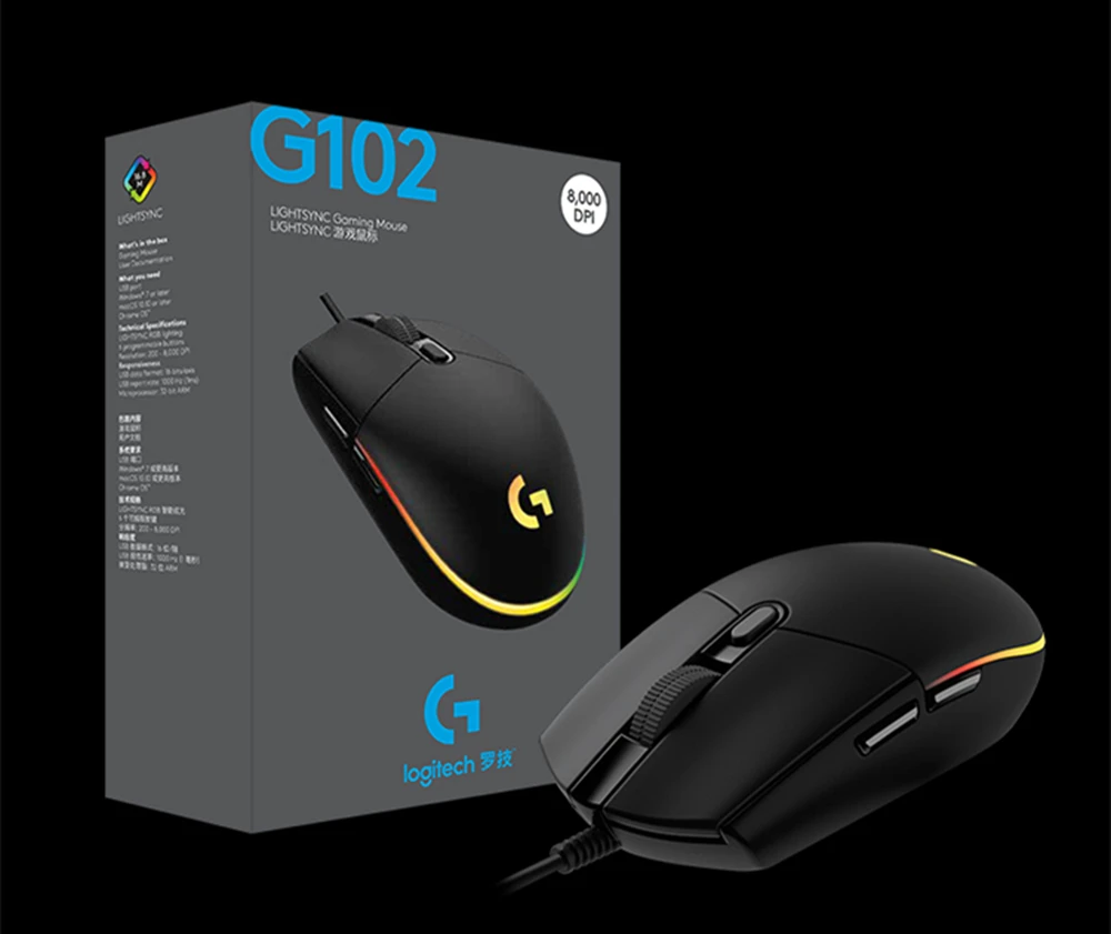 로지텍 G102 인체공학 마우스, 광학 8000DPI, 16.8M 컬러 LED, 맞춤형 6 버튼, 유선 PC 게임 액세서리