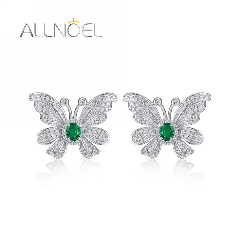 

ALLNOEL 925 Sterling Silver Stud Earrings For Women 0.39ct lab Created Emerald Butterfly Animal Anniversary Gifts Fine Jewelry