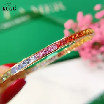 KUGG 18K Rose Gold Bracelet Real Natural Aquamarine Shiny Rianbow Shape Luxury Gemstone Fine for Women Party Jewelry