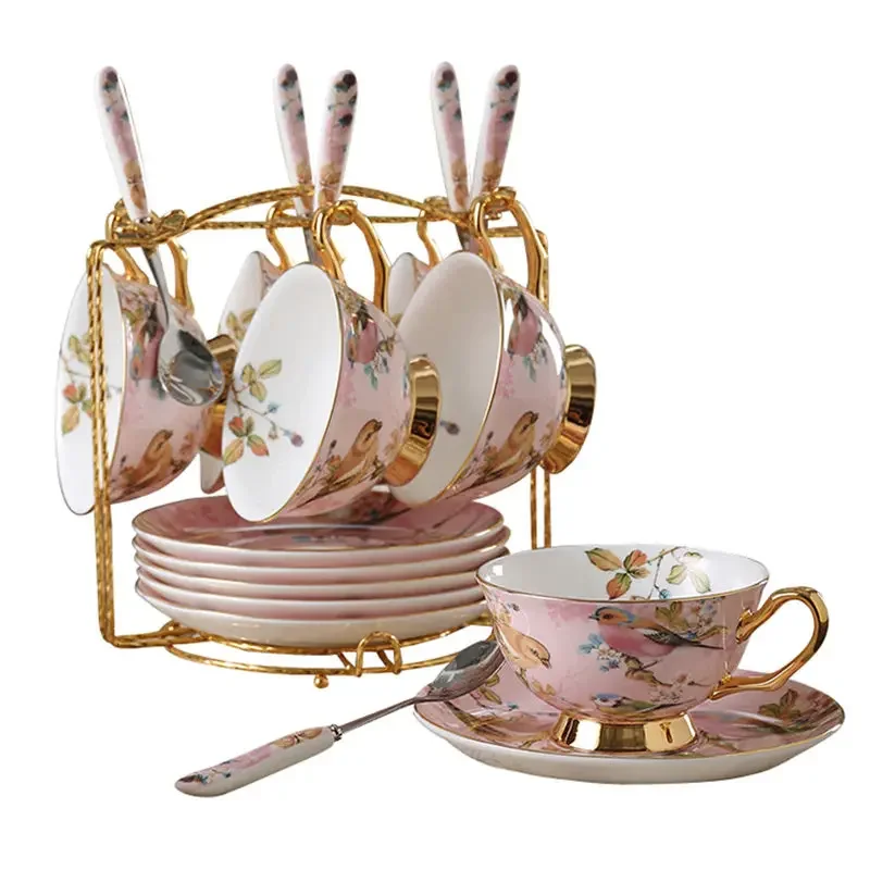 Set di Tazze da Tè in Porcellana di Lusso Britannica con Motivi Floreali e Manico Dorato, Tazza da Caffè in Bone China con Piattino