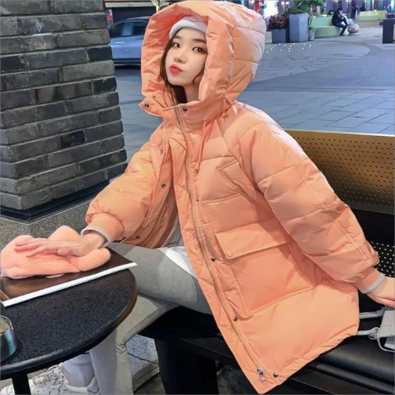 

2023 Winter Women Loose Warm Parkas Hooded Korean Elegant Fashion Casual Jacket Female Thicken Simplicity Mid-Length Coat