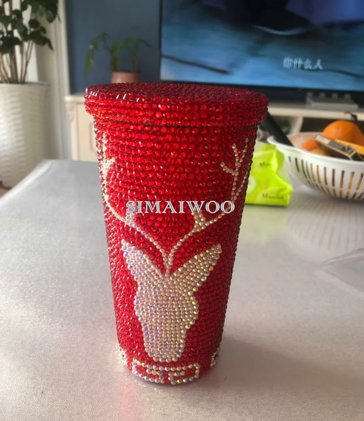 Bling Stroh Tasse handgemachte funkelnde Hirschhorn Druck Edelstahl 500ml Thermoskanne Vakuum Weihnachten rot grün Mosaik Kreuz stich – Detail 1
