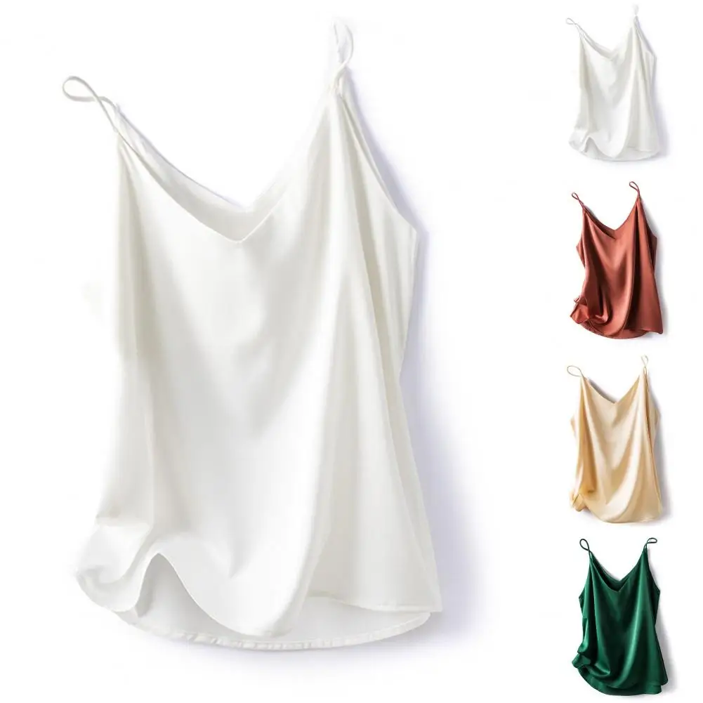 

Women Top Elegant V-neck Satin Camisole Loose Fit Tank Top Women's Imitation Silk Blouse Stylish Solid Color Sling for Summer