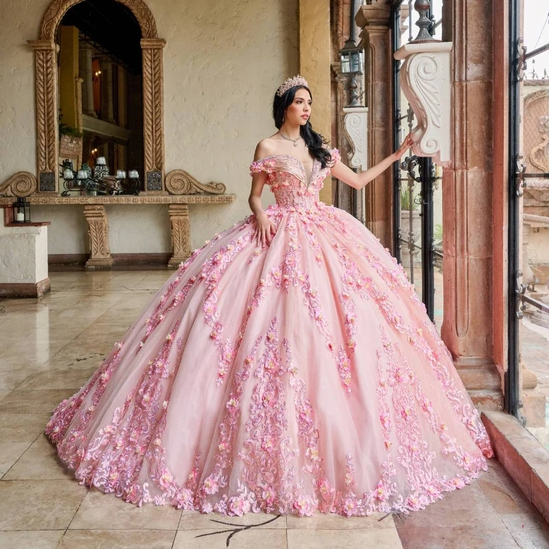

Pink Princess Ball Gown Charming Quinceanera Dress Classic Off The Shoulder Appliqué Lace Beads Tull Sweet 16 Dress Vestidos De