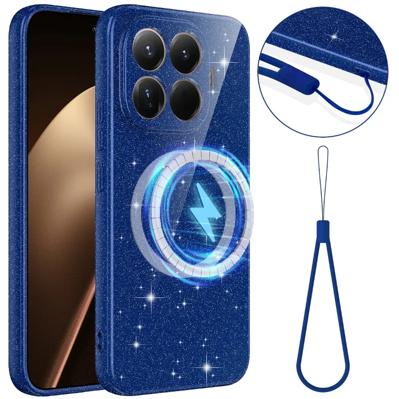 Glossy Glitter Liquid Silicone Shockproof Case with Lanyard and Built-in Magnetic