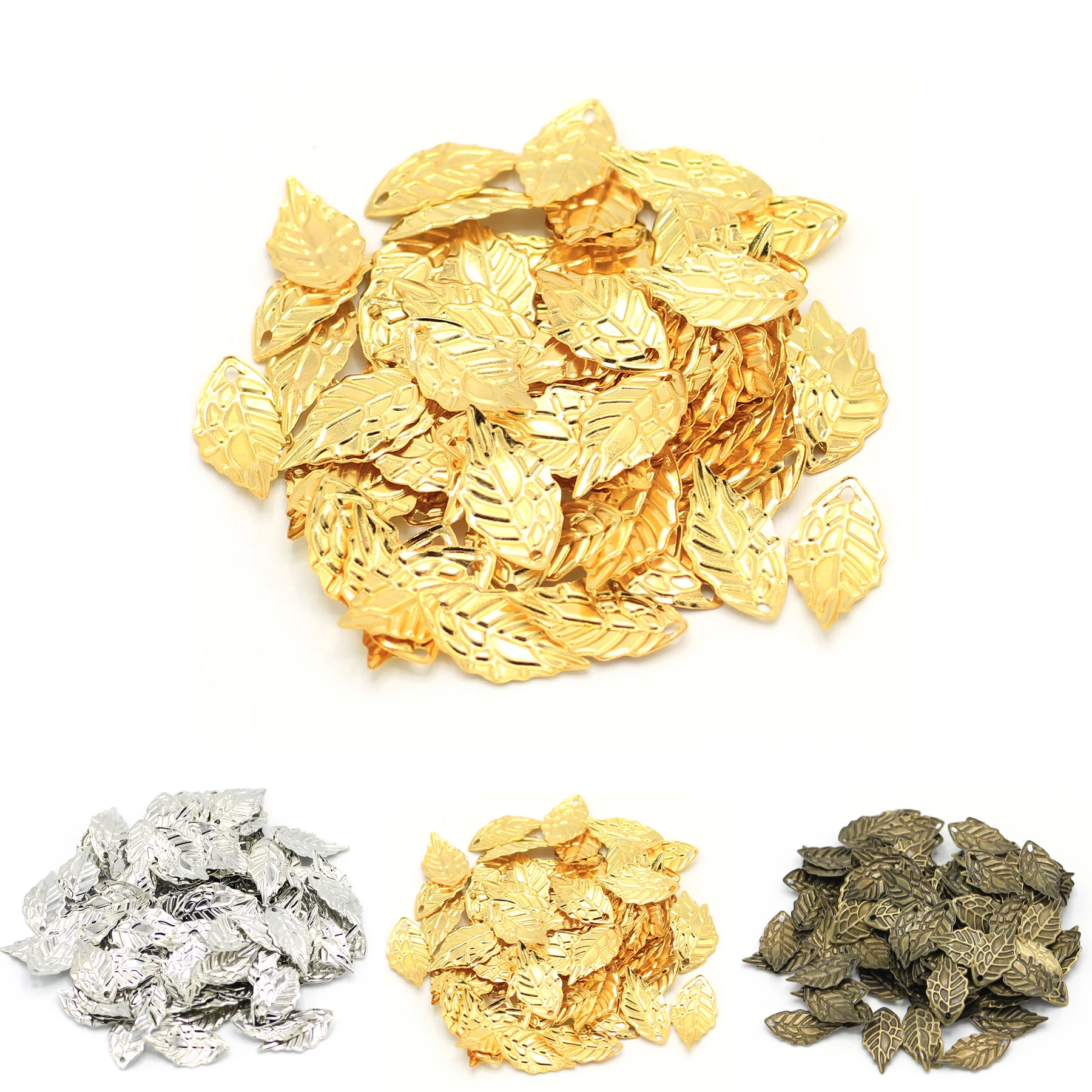 100 unids/lote 10*19mm dijes de Metal dorado estampado de cobre forma de hoja pendientes colgantes DIY manualidades joyería hacer hallazgos Accesorios