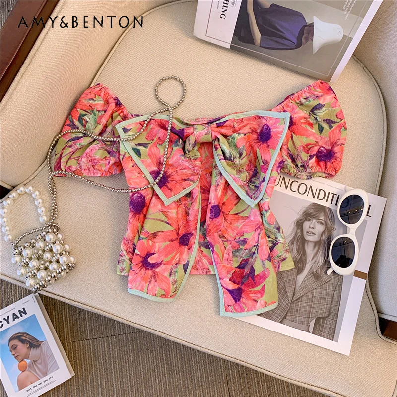 

Bow Off-Shoulder Short-Sleeved Shirt Women's Summer High-Grade Slimming Printed Short Blouse Waist-Controlled Hot Girl Tops