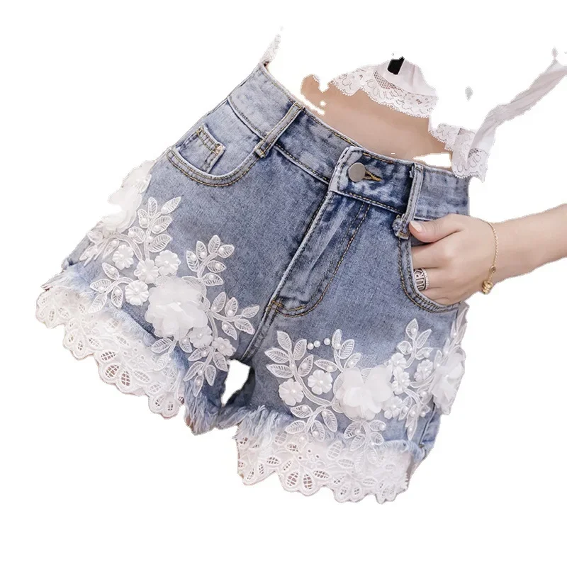 Women's 2023 Summer New High-waist Loose-fitting Wide-leg Sweet Light Blue Shorts Women Embroidered Flowers Sexy Denim Shorts