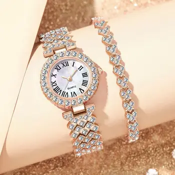 2PCS Women's Watch Fashion Rhinestone Ladies Analog Quartz Watches Bracelet Set Reloj Mujer Girls Clock Gift Relogio Feminino