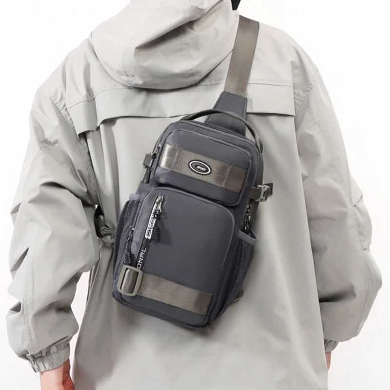 Men's multifunctional chest bag with multiple zipper compartments, suitable for outdoor sports, adjustable shoulder straps, cros