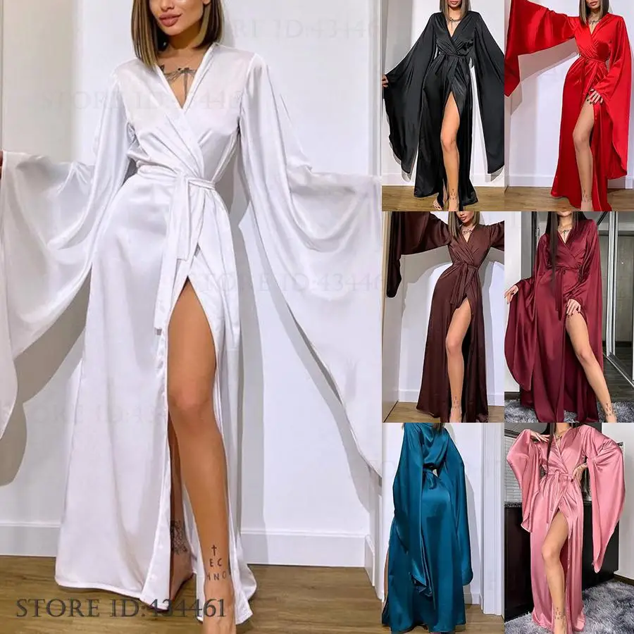 Fashion Wedding Long Robe Dress Women's Homewear Silky Satin Big Sleeve Kimono Gown Bathrobe Loungewear Loose Casual Nightgown