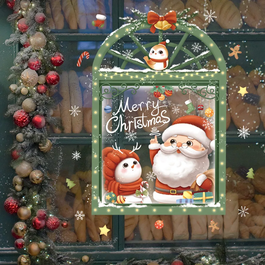 1set Christmas Glass Stickers Cute Santa Claus Store Decorate Window Stickers Snowman Snowflake Xmas Tree Home Window