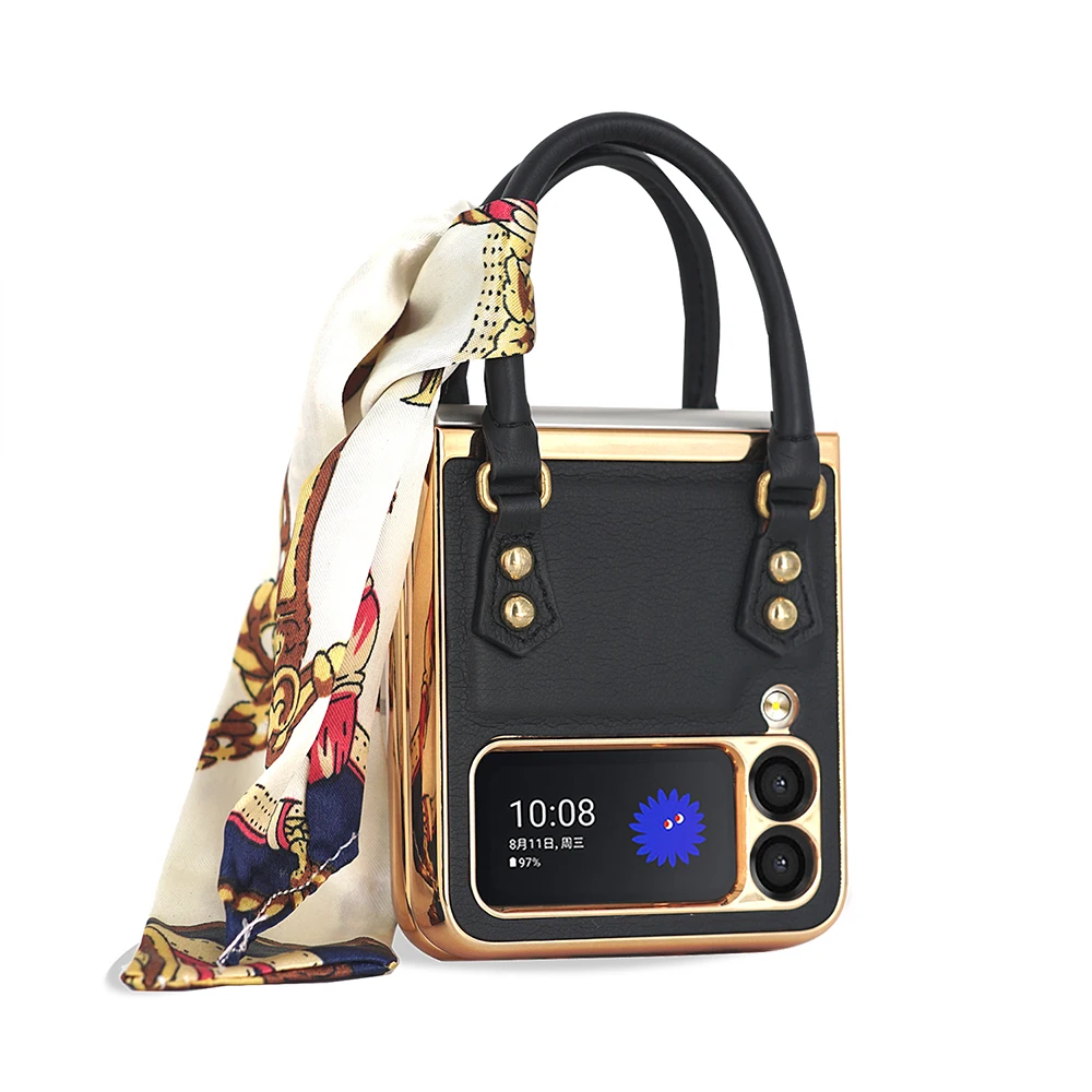 

Чехол для Samsung Galaxy Z Flip 4, Роскошный Кожаный противоударный чехол в стиле панк с заклепками и шелковым шарфом для Galaxy Z Flip 3, чехол с ремешком на руку